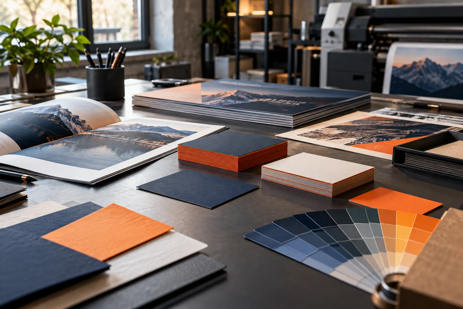 Drucksachen, Broschüren und Farbmuster in einem Designstudio