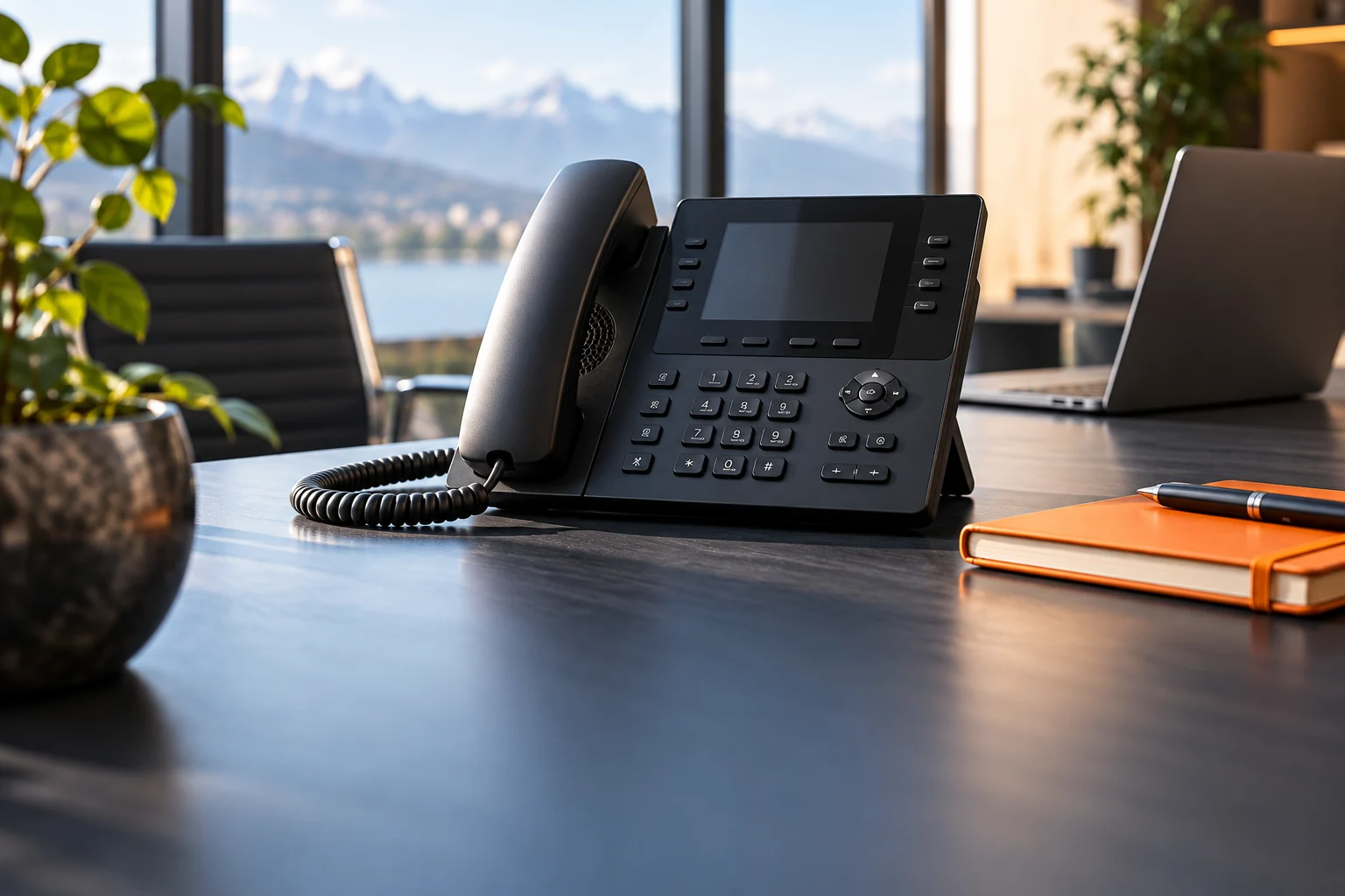 VoIP-Telefon auf einem modernen Büroarbeitsplatz