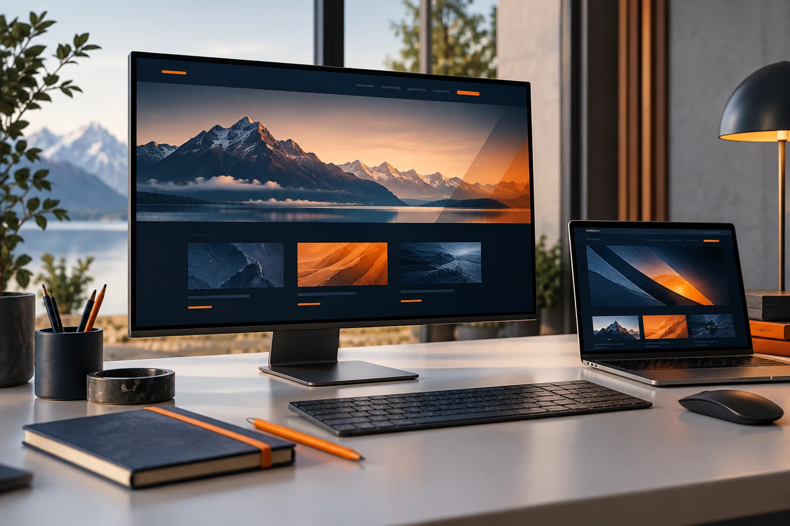 Arbeitsplatz für Webdesign mit Computer und Laptop